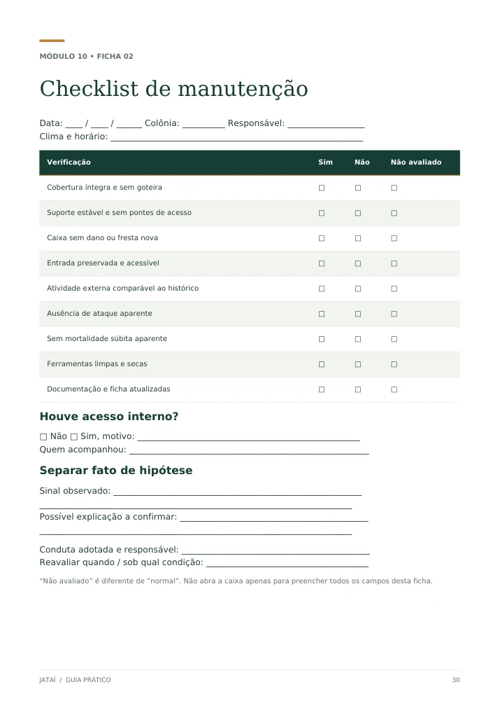 Amostra real do checklist de manutenção do guia de Jataí, com campos de verificação e registro